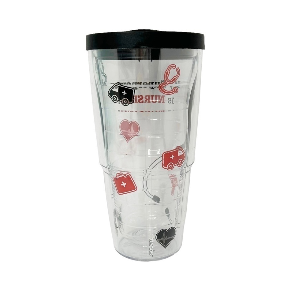TERVIS Tumbler 24 oz. "MY SUPERPOWER IS NURSING!" Clear Black Red 2 FREE straws - Picture 4 of 7